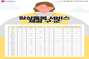 부산광역시로고, 부산광역시사회서비스원로고 일상돌봄서비스 제공 구군 재가돌봄가사: 부산시 전체 식사영양관리: 중구, 영도구, 부산진구, 남구, 북구, 해운대구, 사하구, 수영구, 사상구 병원동행: 서구, 동구, 동래구, 금정구, 강서구, 연제구, 사상구 심리지원: 부산시 전체 소셜다이닝: 북구 교류증진지원: 동구, 북구, 기장군 독립생활지원: 동구